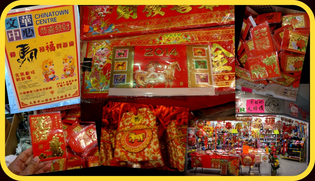 For the Year of the Horse, there were cards with horses, gift bags with horses, and lai see envelopes (for money) with different designs - but all in red and gold.  This was in what&rsquo;s known as the Chinatown Centre.