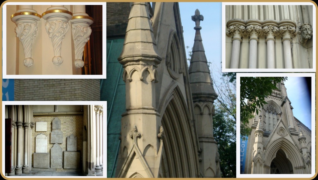 The St. James’ Cathedral that stands today was designed by architect Frederick Cumberland. The design of the towering cathedral reflects the early English Gothic Revival style of architecture. In the mid-19th century, it was the largest building in the city. In 1865, the bells were put in and the spire was completed in 1875. A year later, the clock tower was donated by the citizens of Toronto. In 1889, an organ console was installed which was modernized at the beginning of the 20th century by renowned Quebec organ builders Casavant Freres. St. James’ underwent major renovations in the early 80s and in 1997 the twelve change ringing bells (one of only two sets on the continent) were installed to celebrate the cathedral&rsquo;s bicentennial. (Toronto Journey)