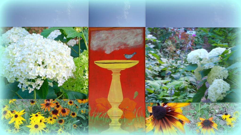 Summer`s Gone (birdbath with hydrangeas and Lazy Susans)
